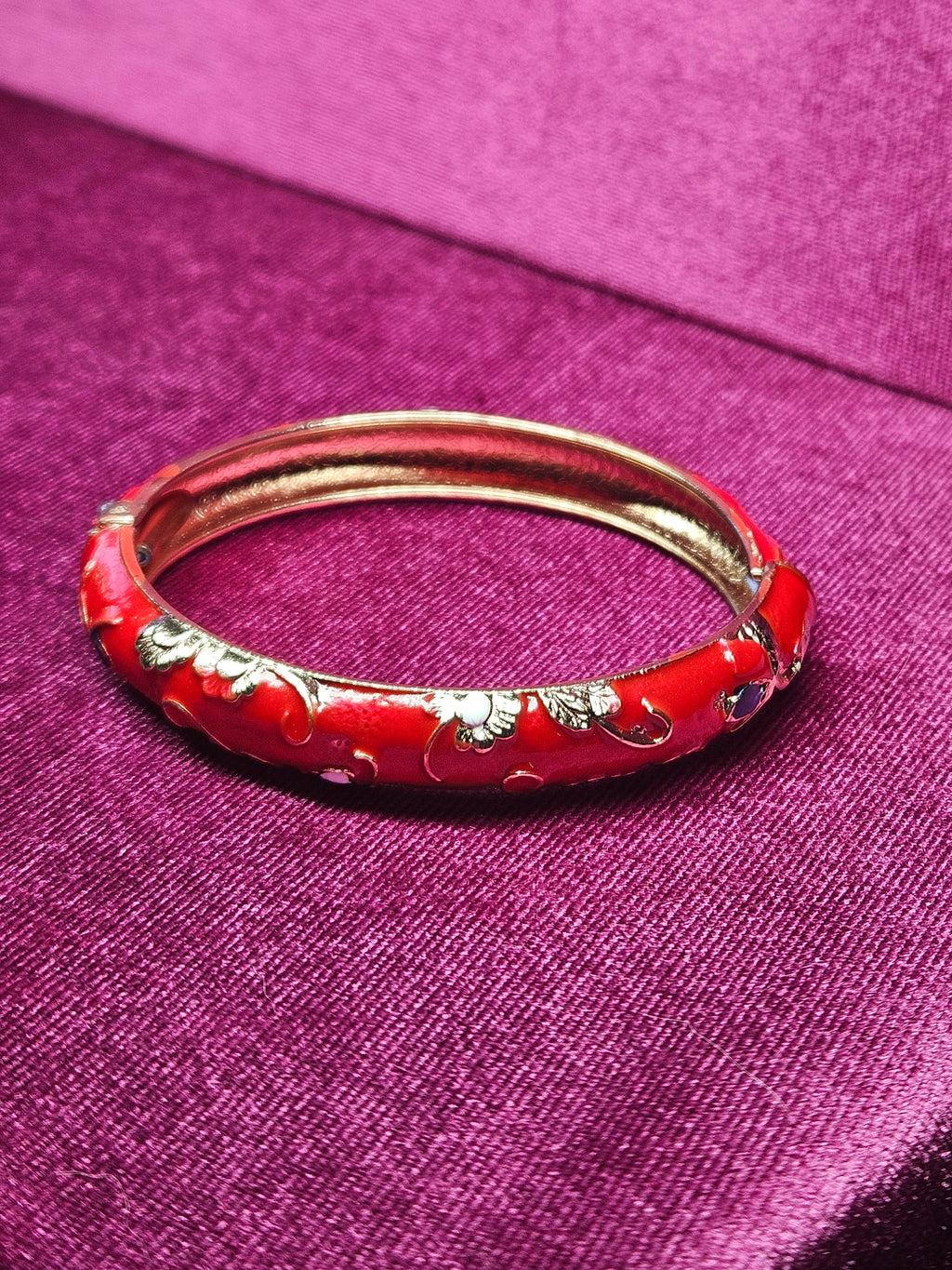 Cherry Red Cloisonné Enamel Floral Hinged Bangle Bracelet