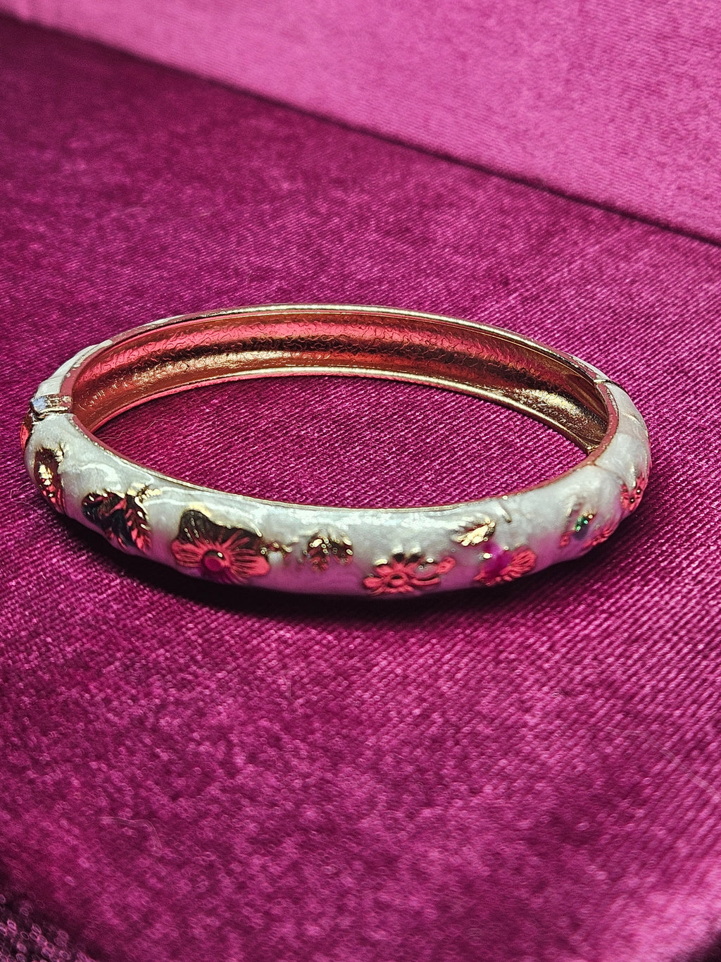 White Cloisonné Enamel Floral Hinged Bangle Bracelet