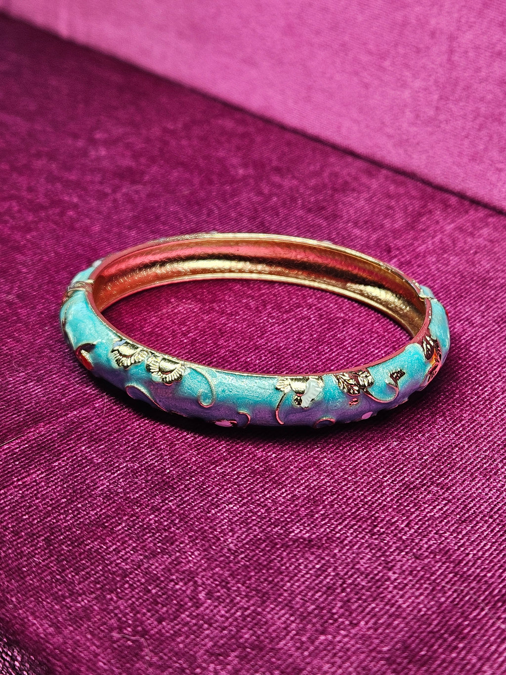 Aqua Cloisonné Enamel Floral Hinged Bangle Bracelet