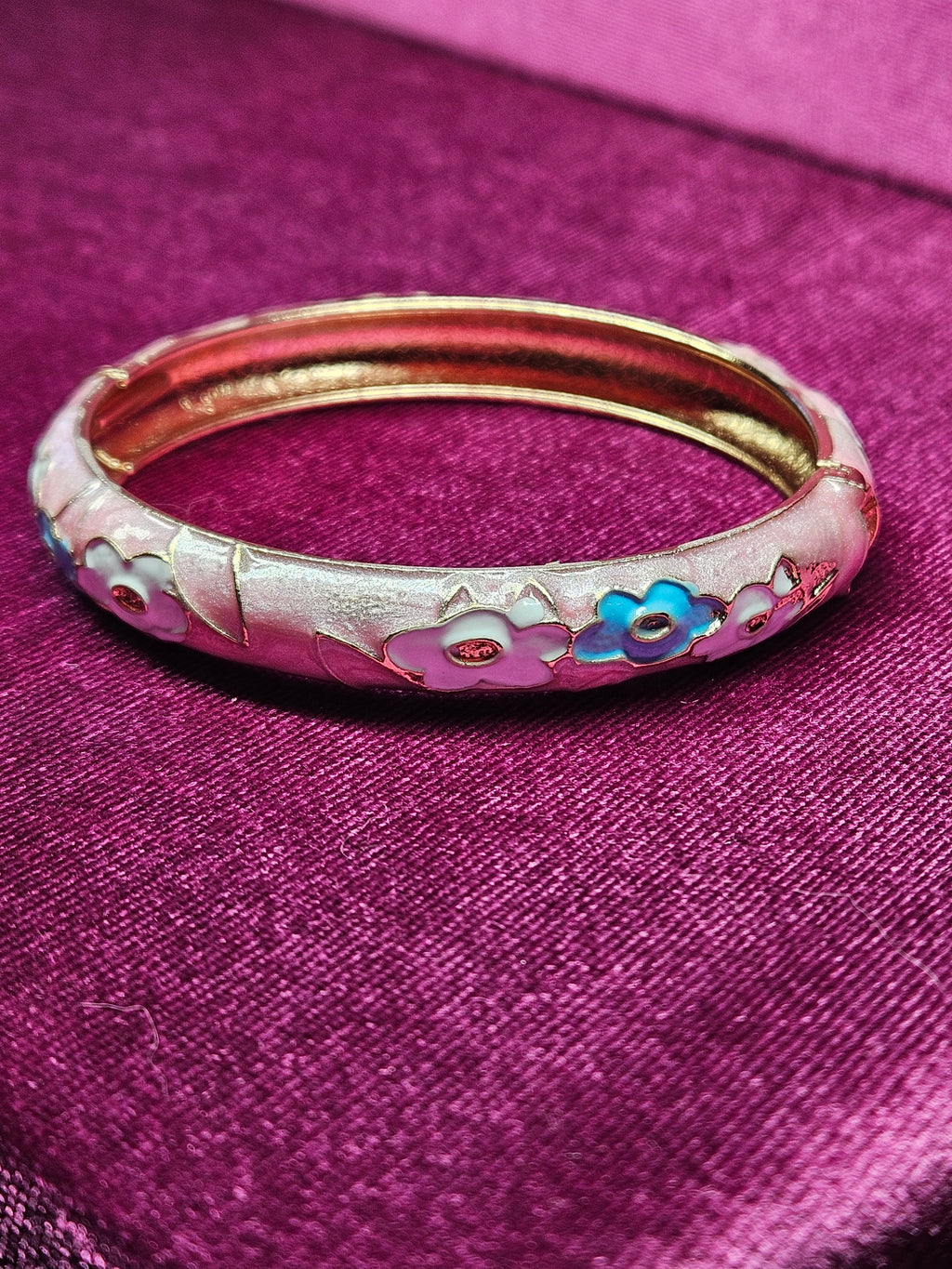 Blush Pink Cloisonné Enamel Floral Hinged Bangle Bracelet