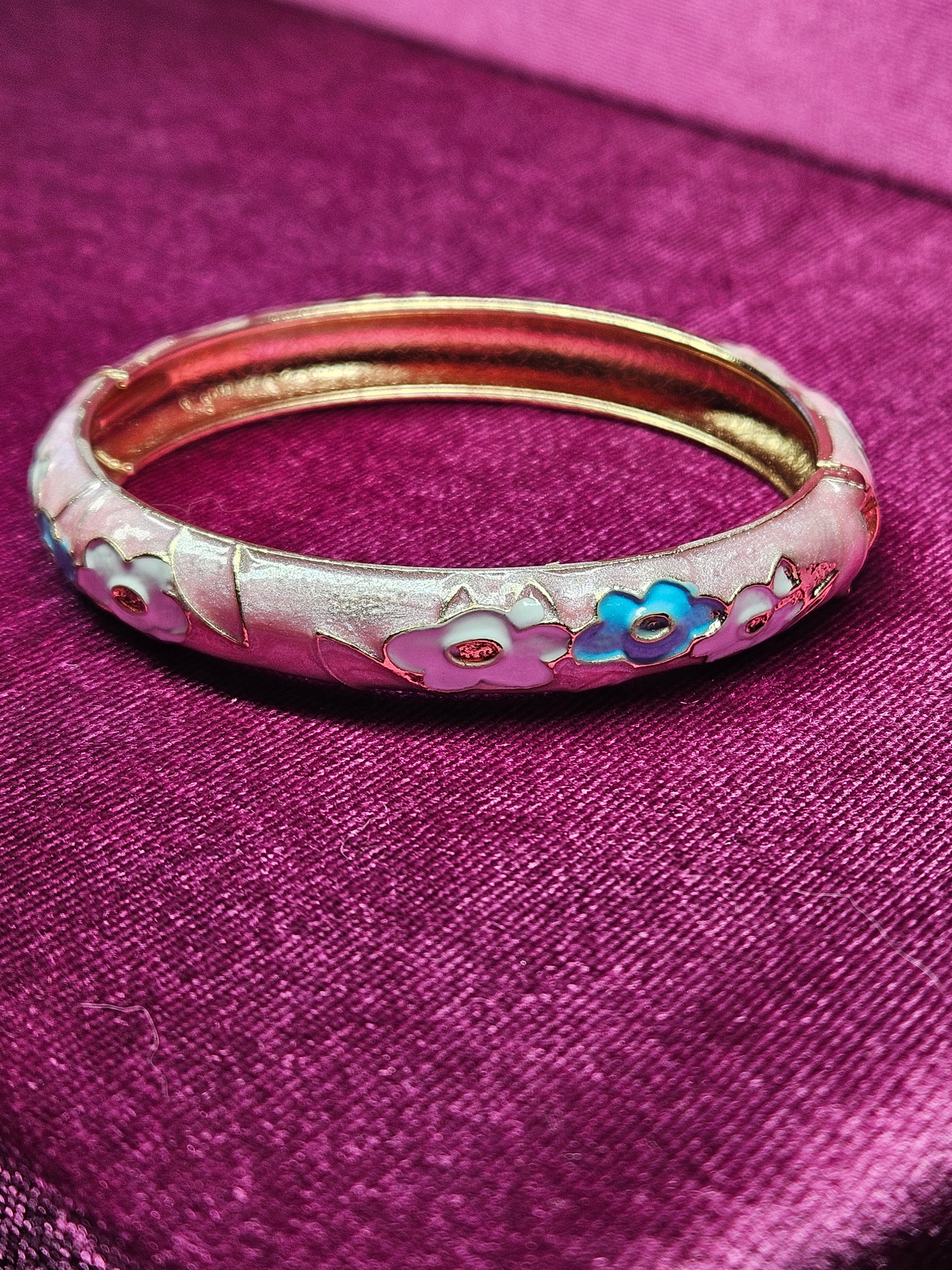 Blush Pink Cloisonné Enamel Floral Hinged Bangle Bracelet