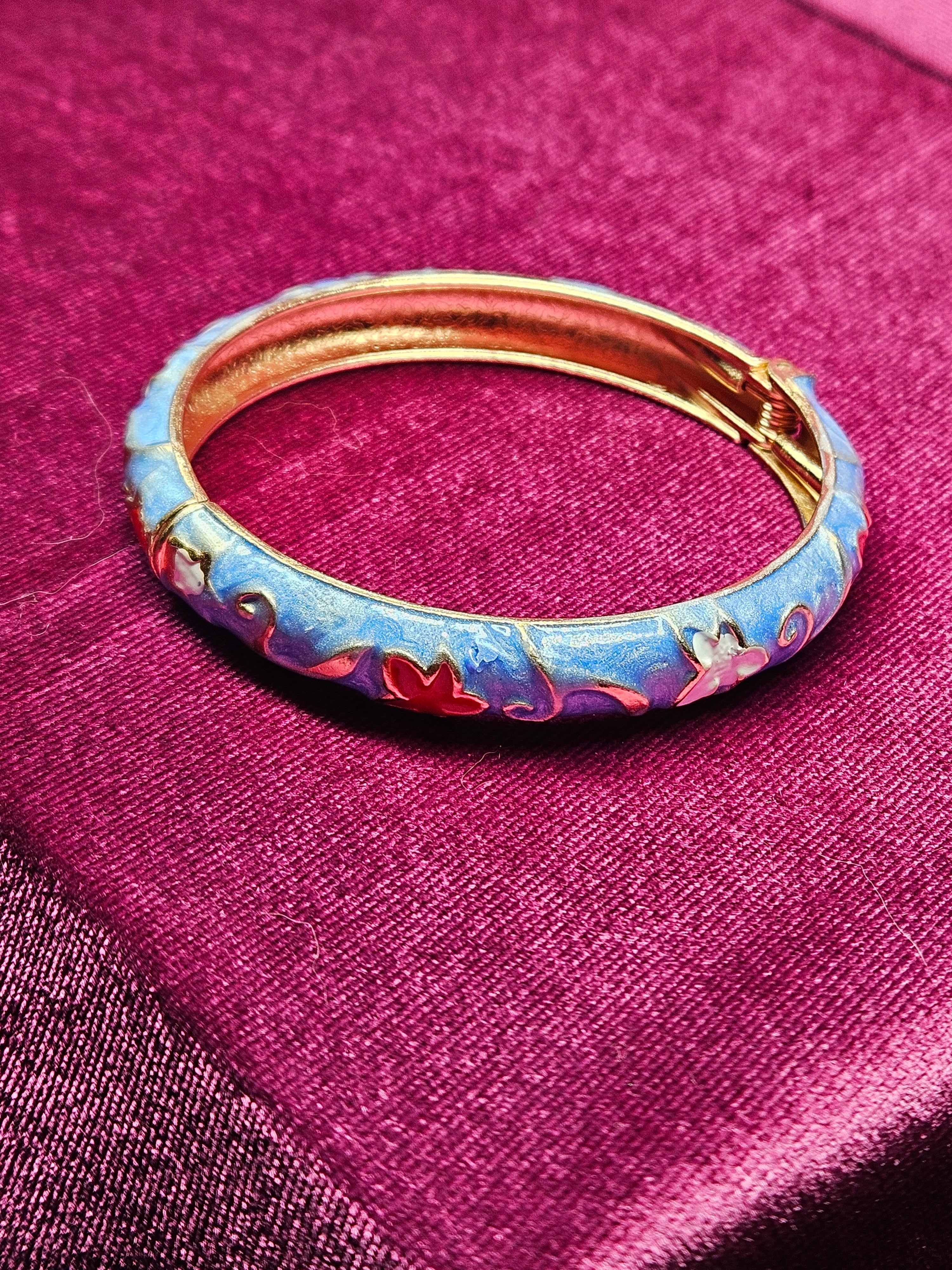 Periwinkle Blue Cloisonné Enamel Floral Hinged Bangle Bracelet