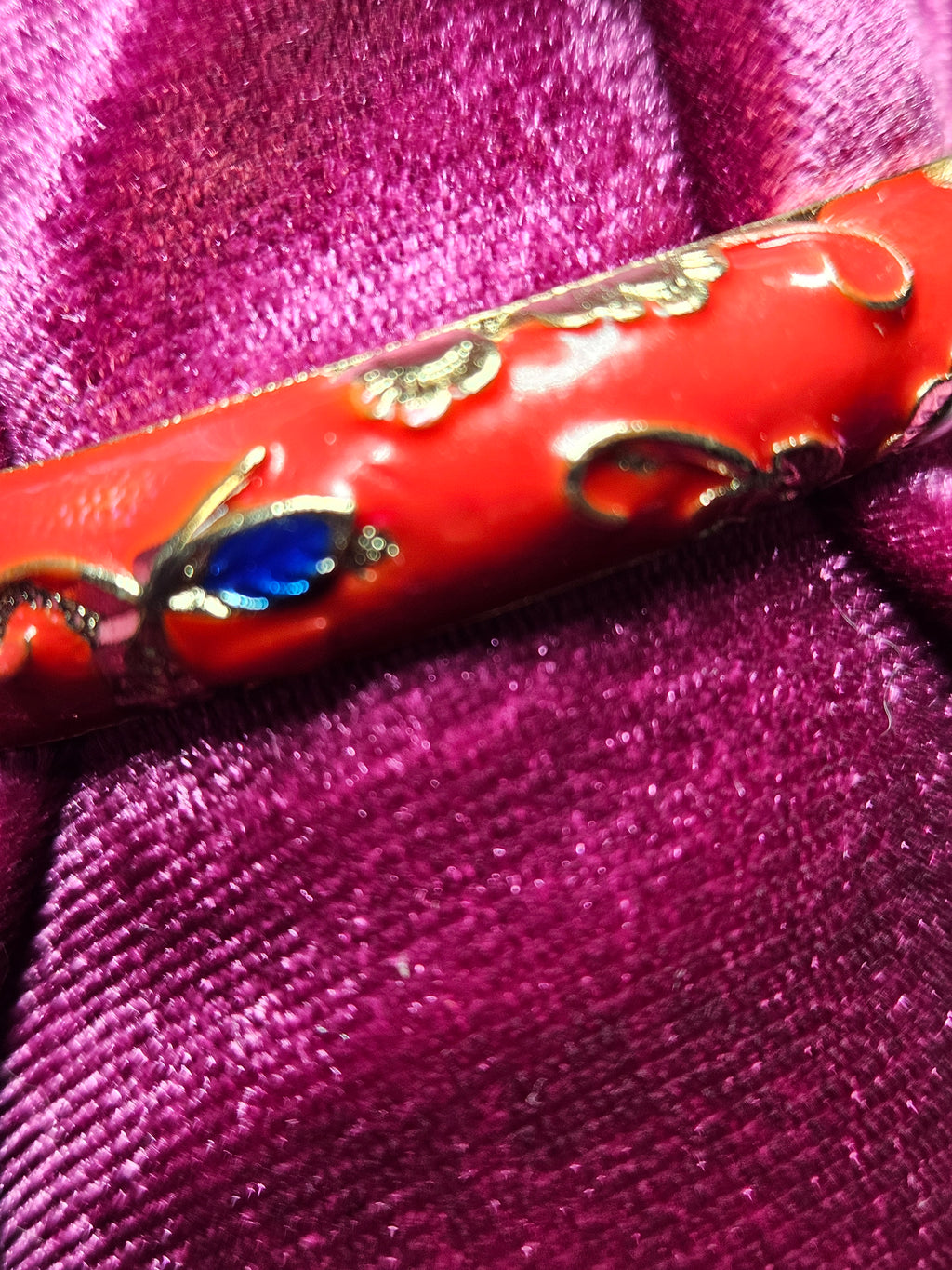 Cherry Red Cloisonné Enamel Floral Hinged Bangle Bracelet