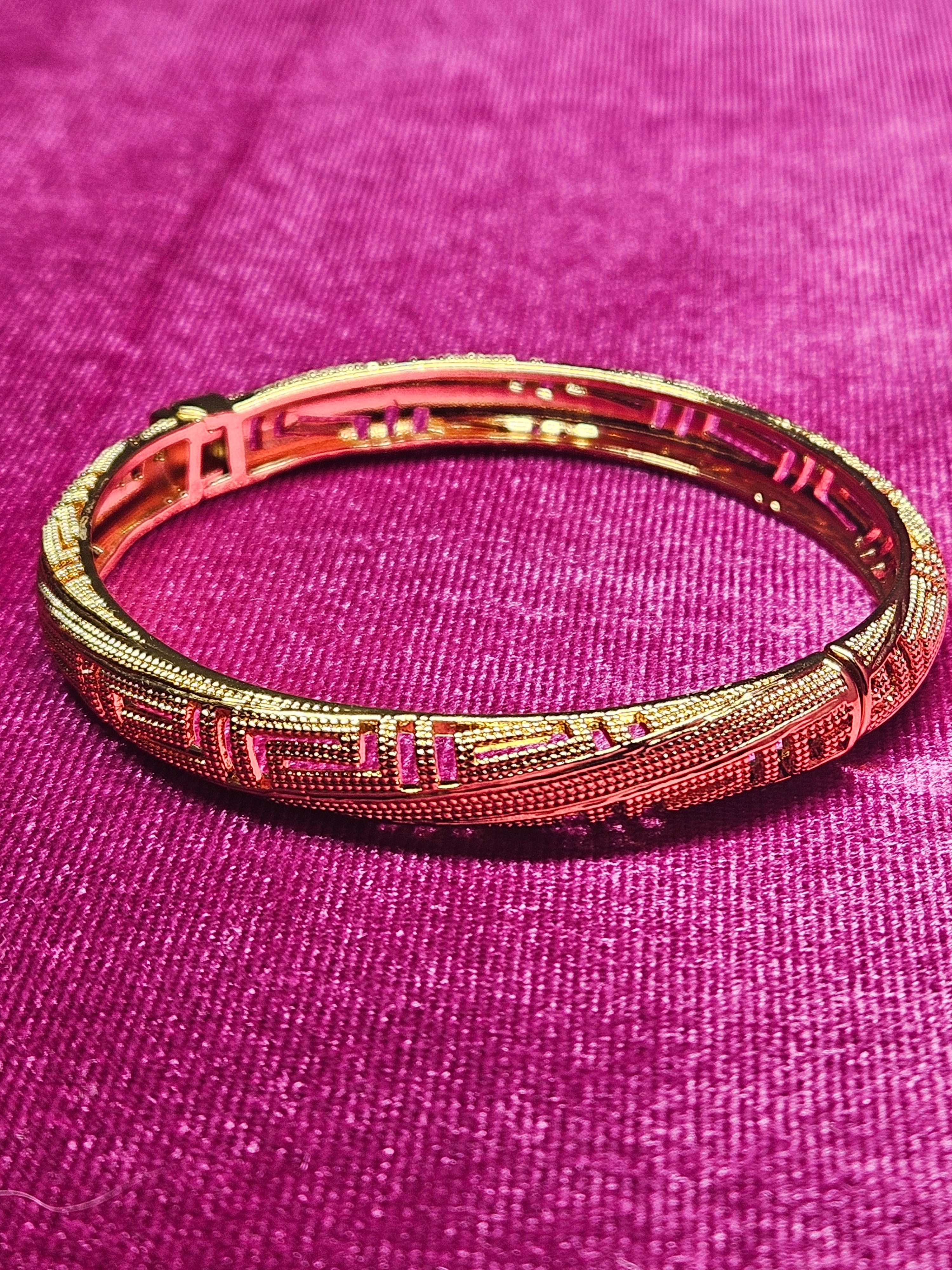 24K Gold Plated Greek Key Hinged Bangle Bracelet | Dubai Style Caviar Texture Border