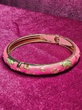 Hot Pink Enamel Floral Hinged Bangle Bracelet | Gold Tone with Green & White Flower Detail