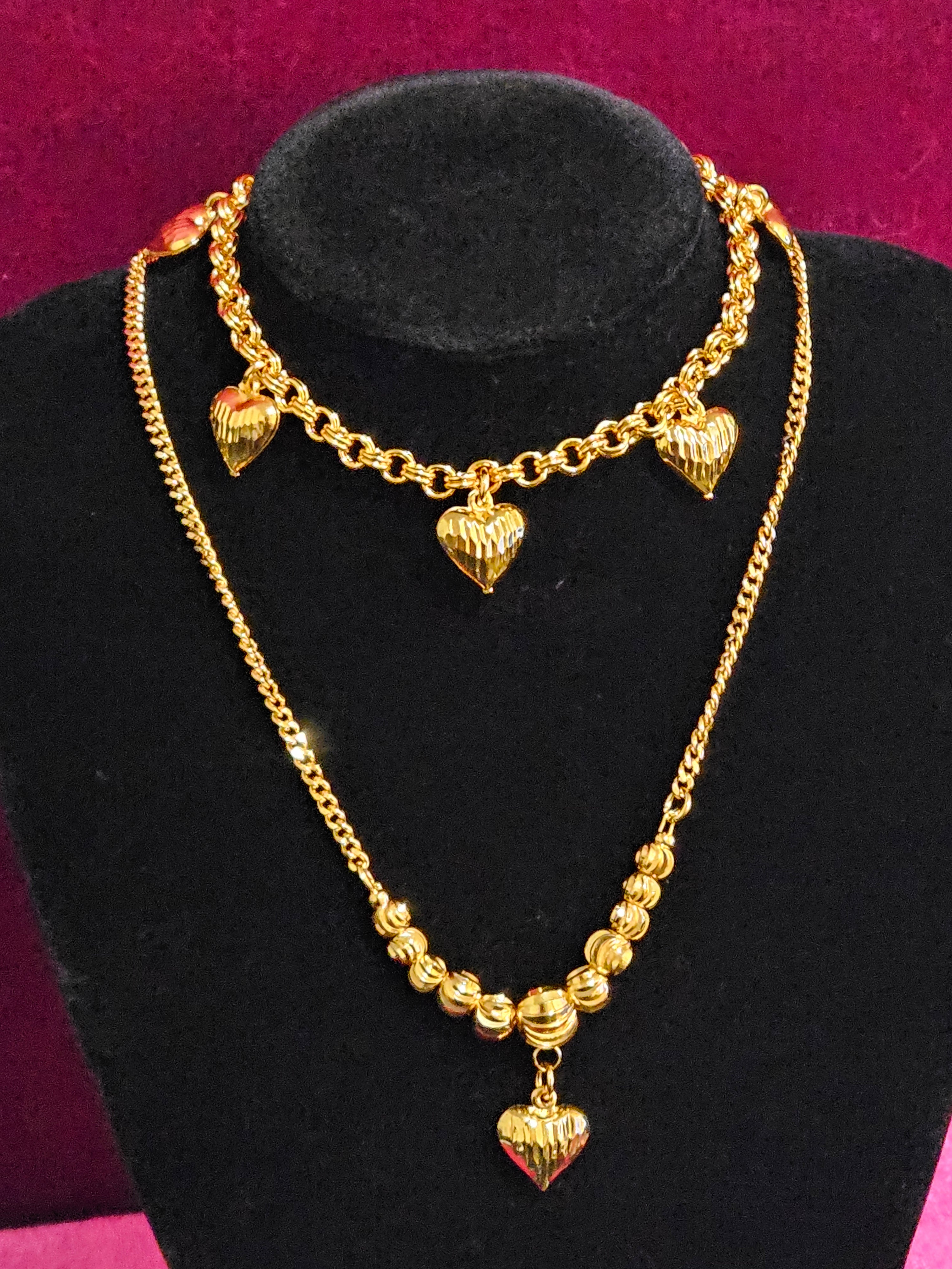 24K Gold Plated Dubai Style Puffy Heart Charm Necklace & Bracelet Set
