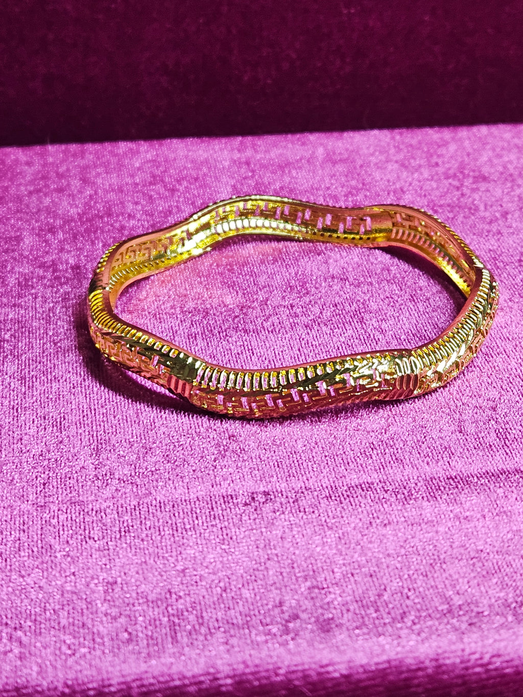 24K Gold Plated Children's Wavy Bangle Bracelet | Greek Key Pattern Kids Jewelry