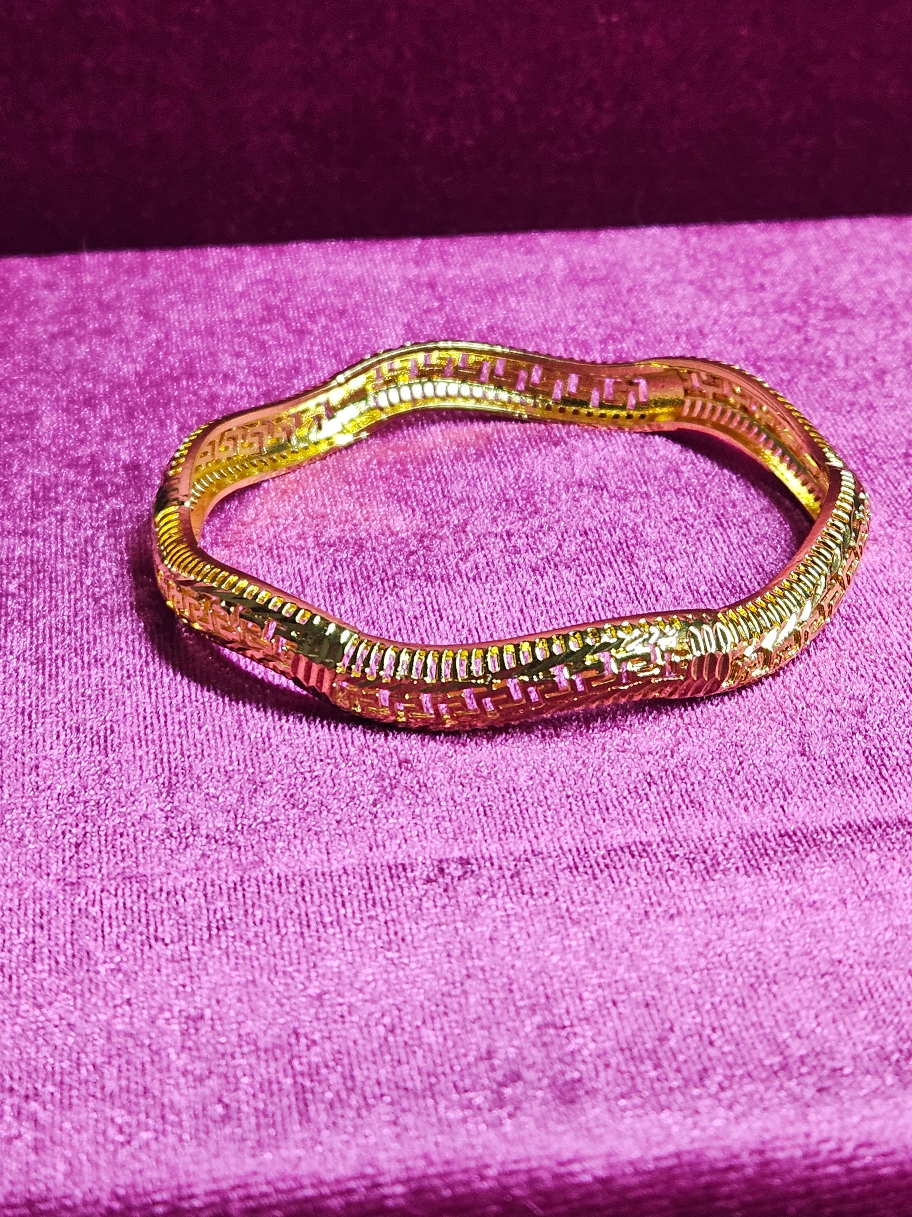 24K Gold Plated Children's Wavy Bangle Bracelet | Greek Key Pattern Kids Jewelry