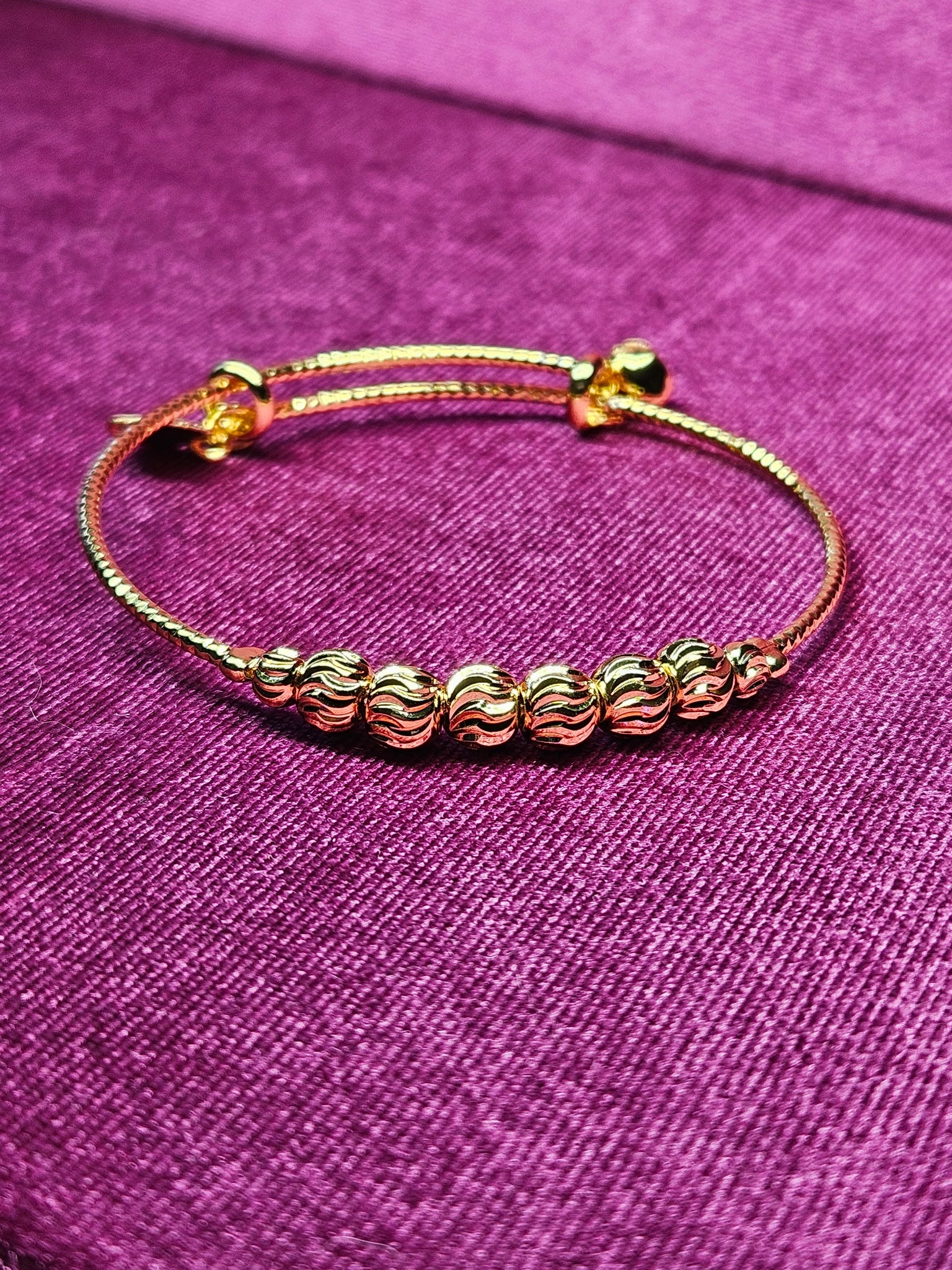 24K Gold Plated Adjustable Snake Chain Slider Bracelet | Ribbed Bead Center Detail