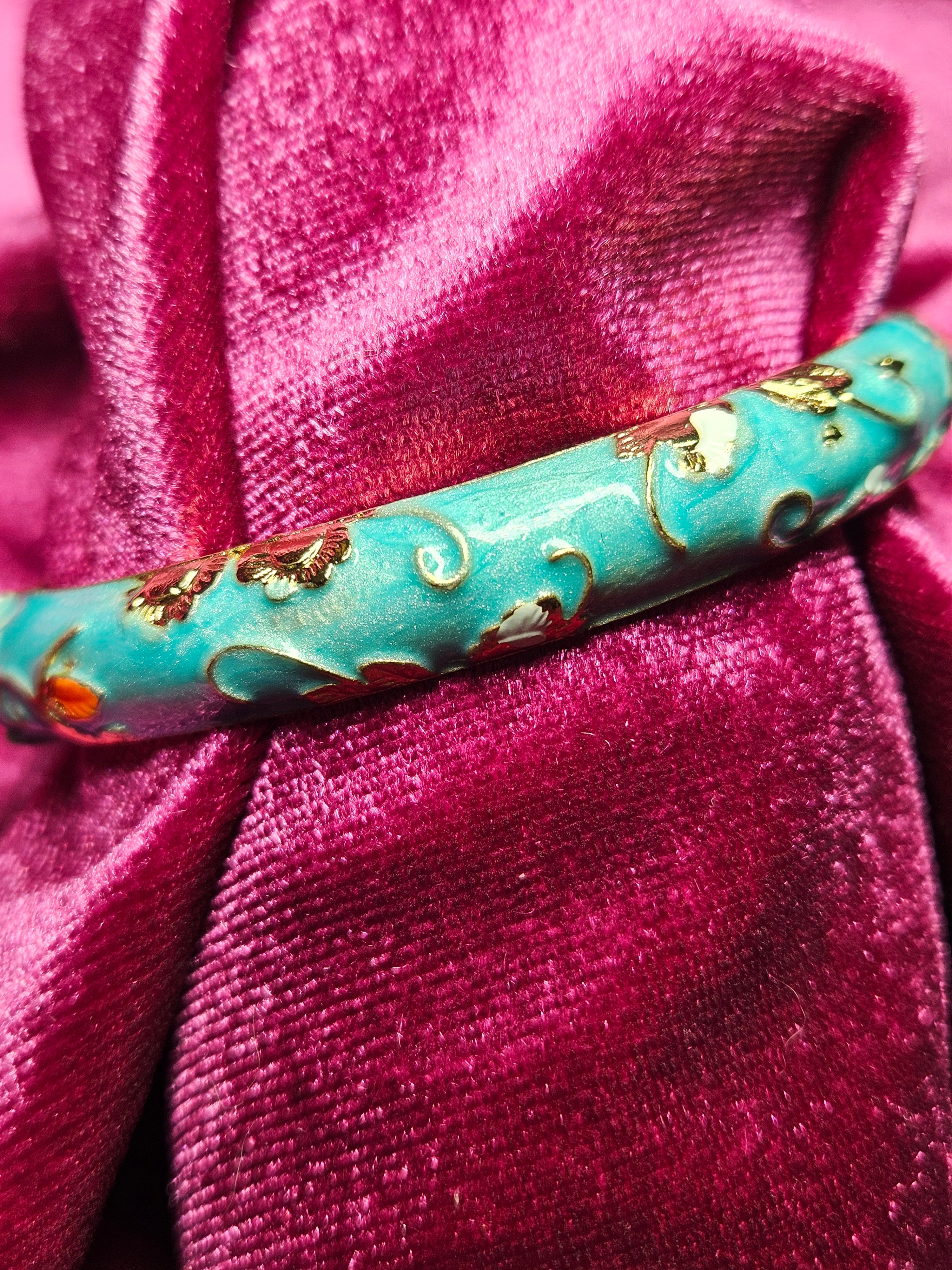 Aqua Cloisonné Enamel Floral Hinged Bangle Bracelet