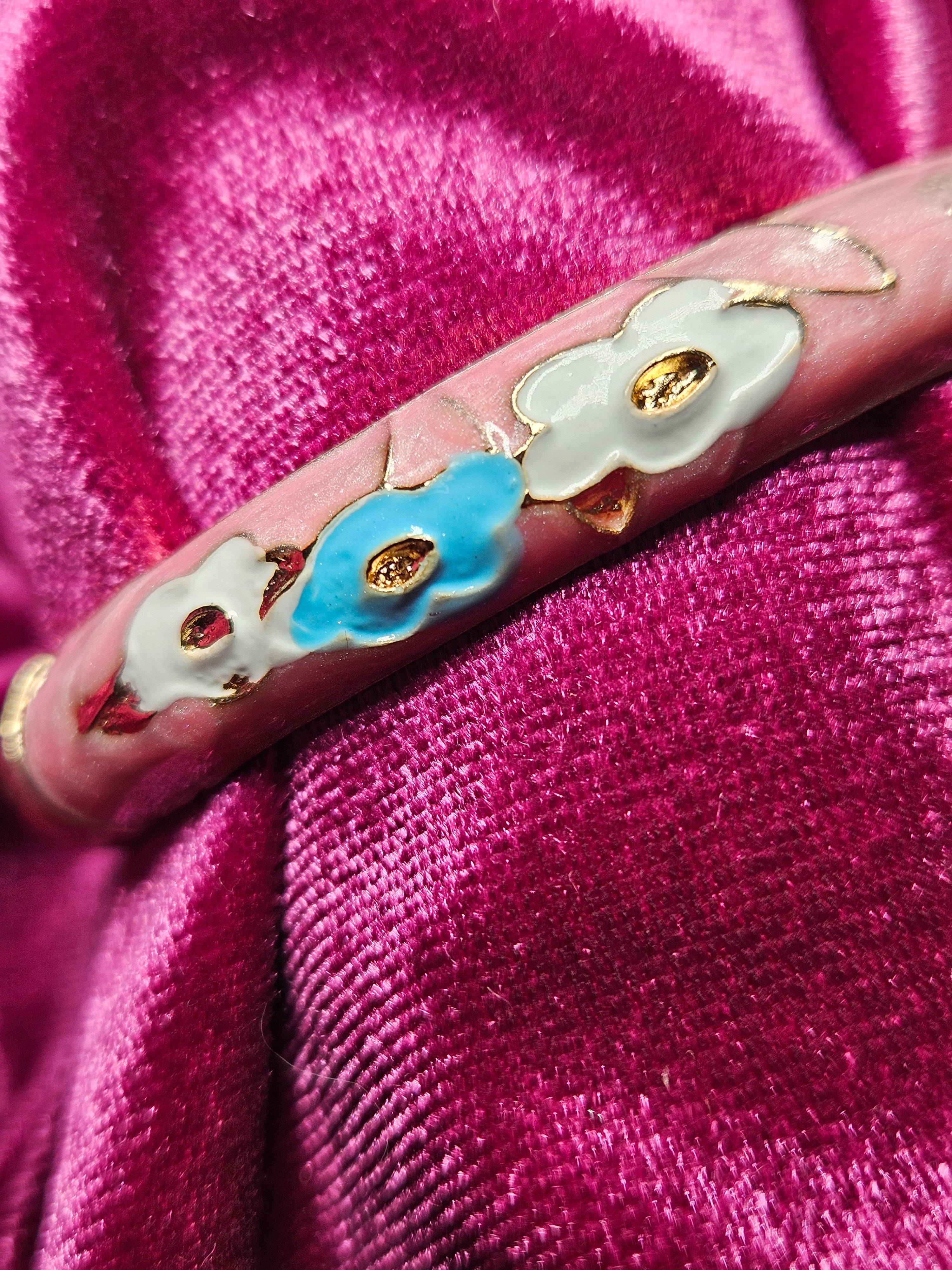 Blush Pink Cloisonné Enamel Floral Hinged Bangle Bracelet