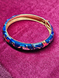 Cobalt Blue Cloisonne Enamel Floral Hinged Bangle Bracelet