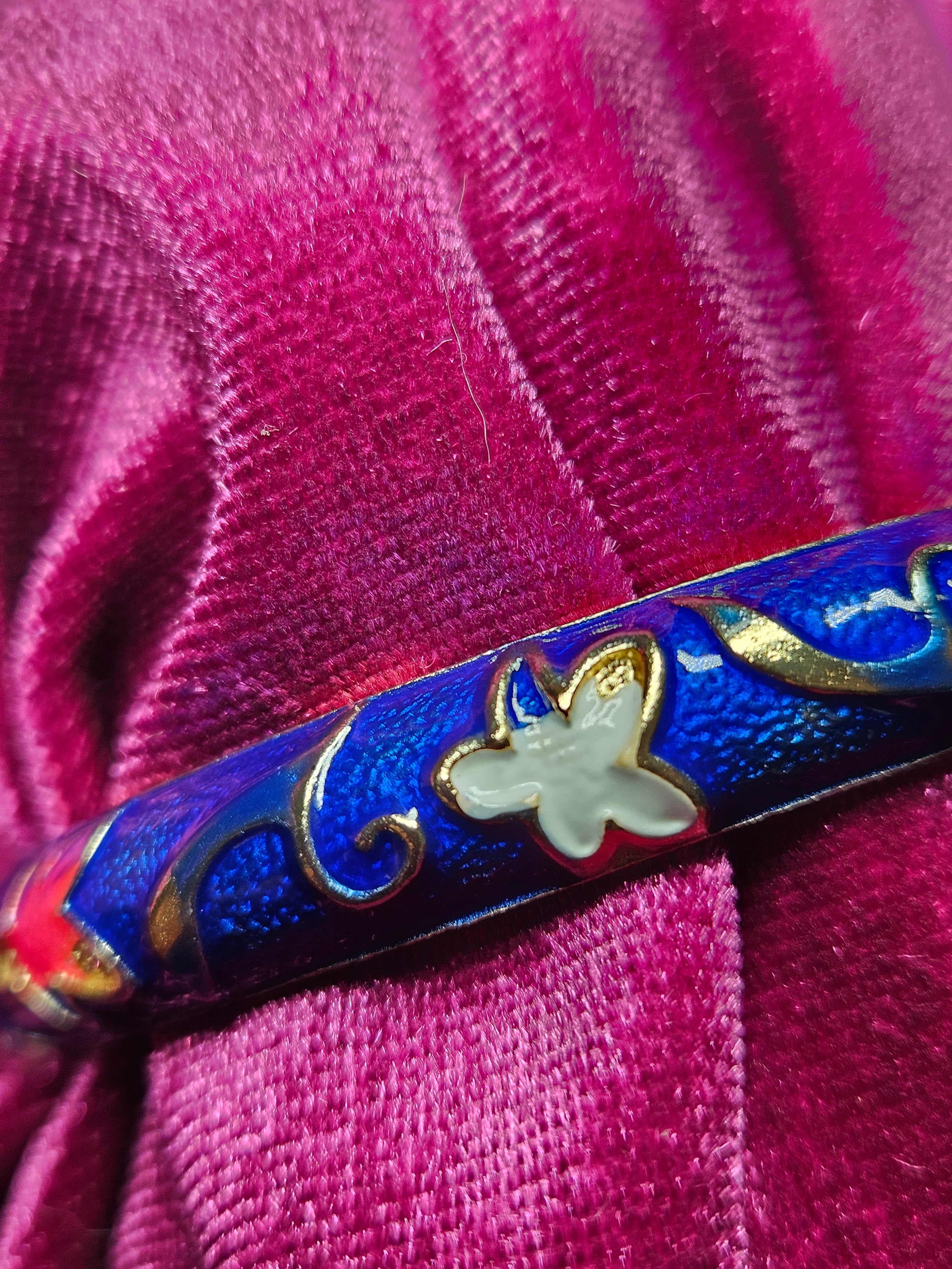 Cobalt Blue Cloisonne Enamel Floral Hinged Bangle Bracelet