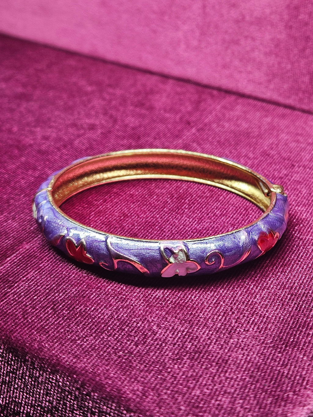 Lavender Purple Cloisonné Enamel Floral Hinged Bangle Bracelet