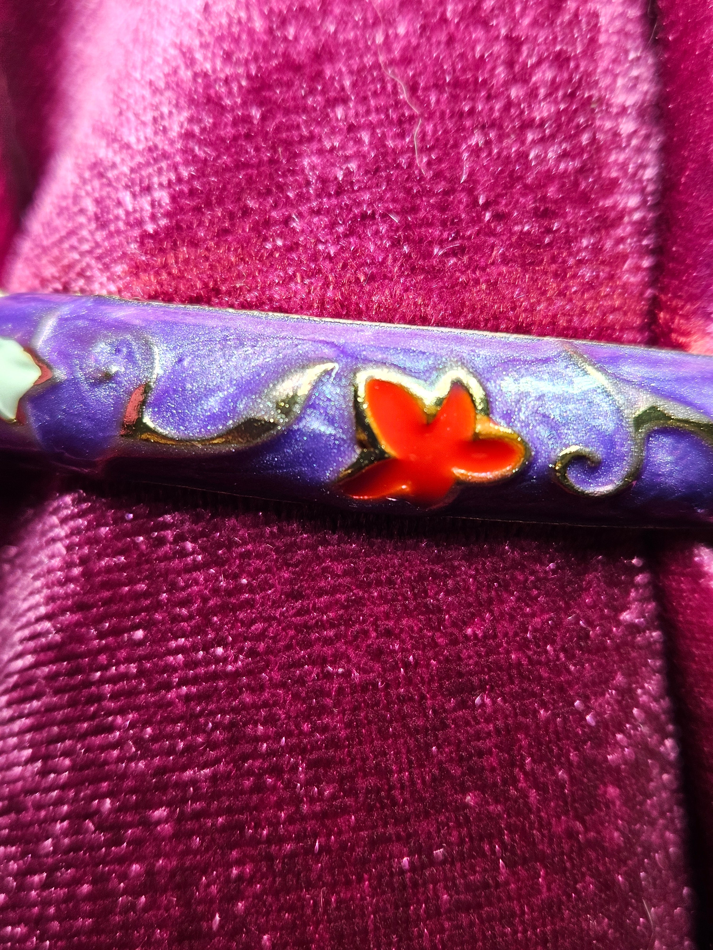 Lavender Purple Cloisonné Enamel Floral Hinged Bangle Bracelet