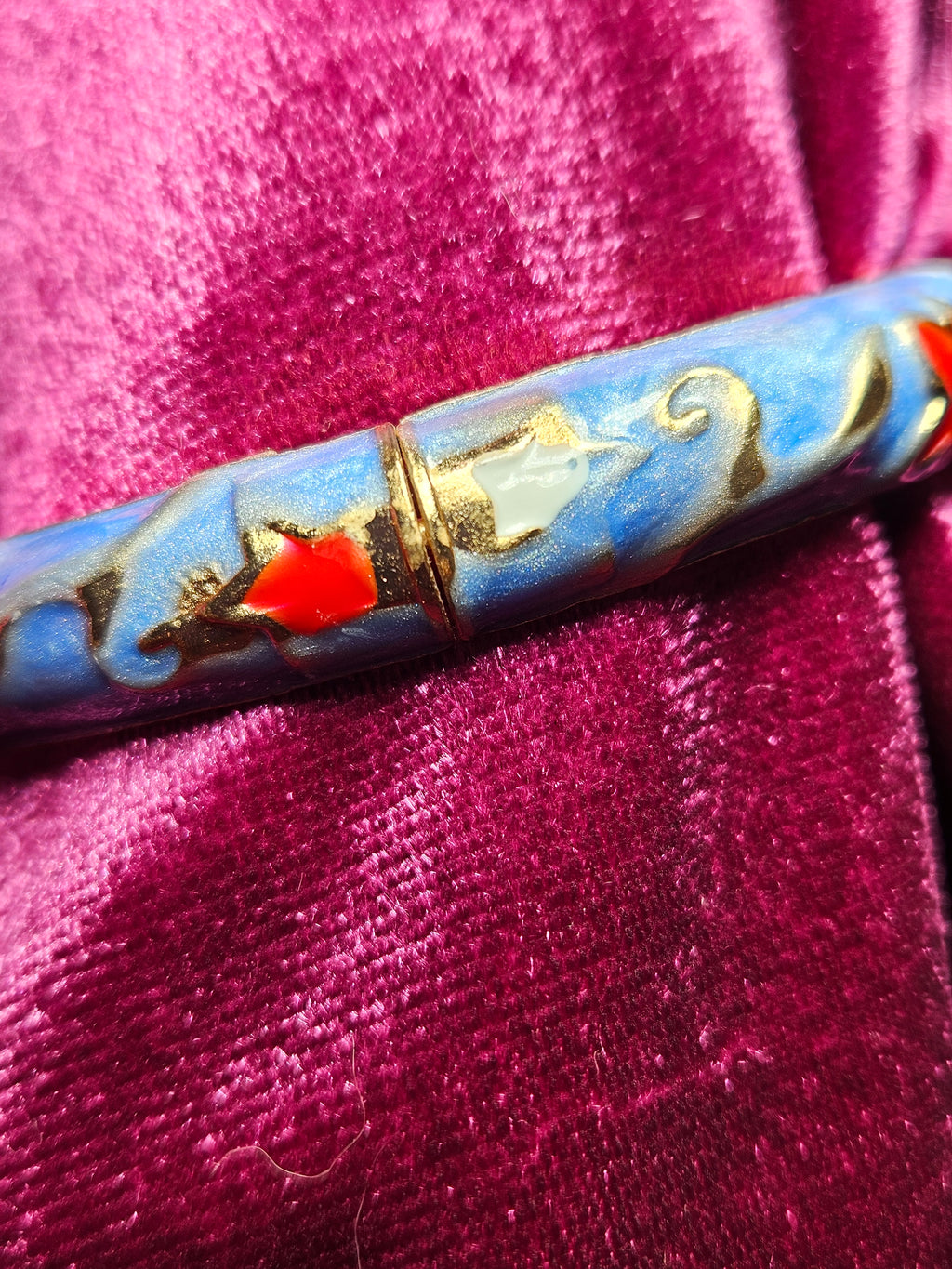 Periwinkle Blue Cloisonné Enamel Floral Hinged Bangle Bracelet