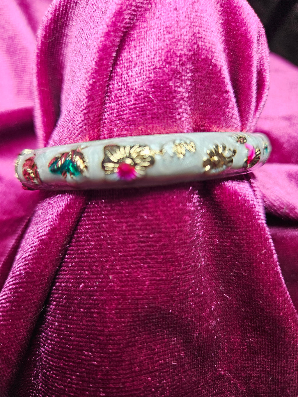 White Cloisonné Enamel Floral Hinged Bangle Bracelet